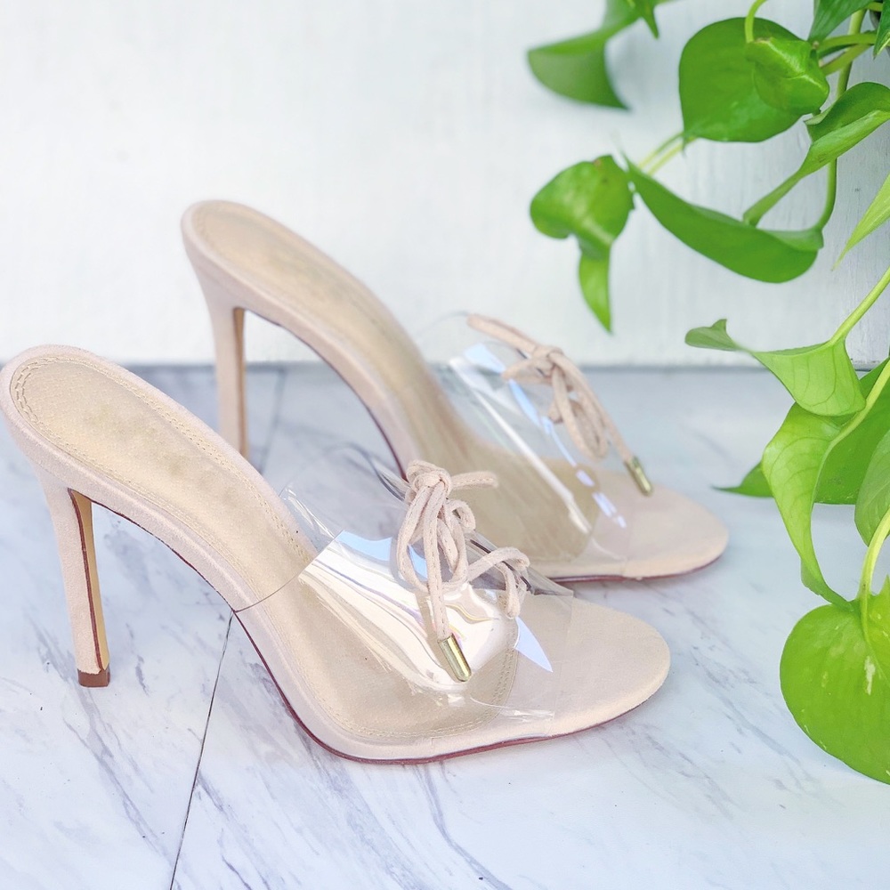 Nude Transparent Mules Tie Up High Heels - Picture 3 of 5
